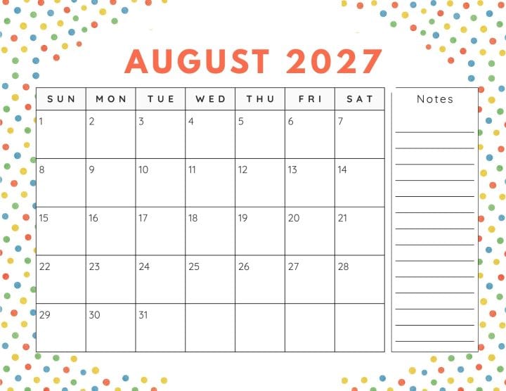 august 2027 calendar free