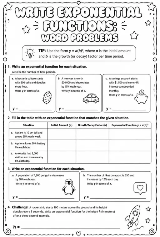 Exponential Equations Word Problems Worksheet